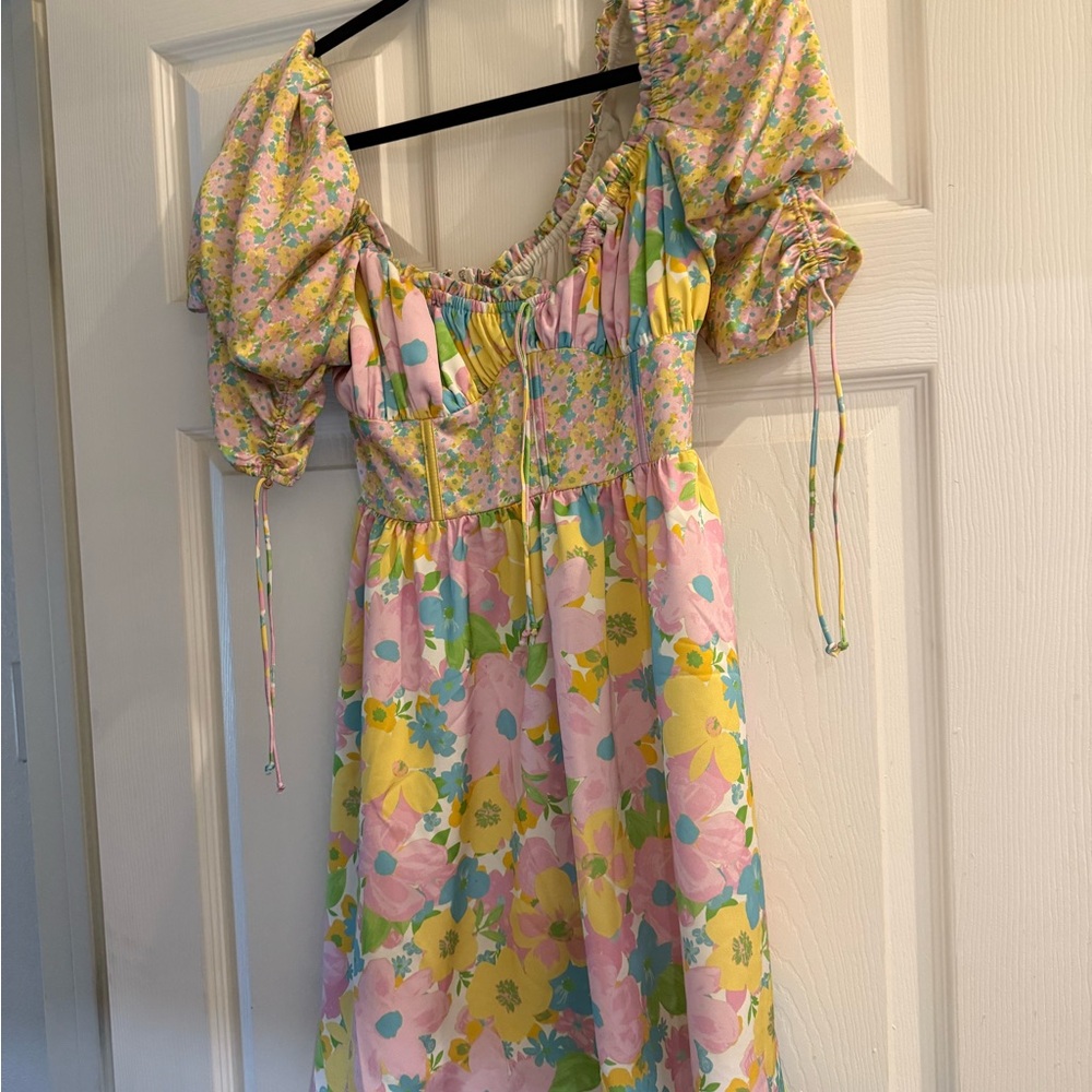 Floral Puff-Sleeve Babydoll Dress in Pastel Pink - Picture 5 of 5